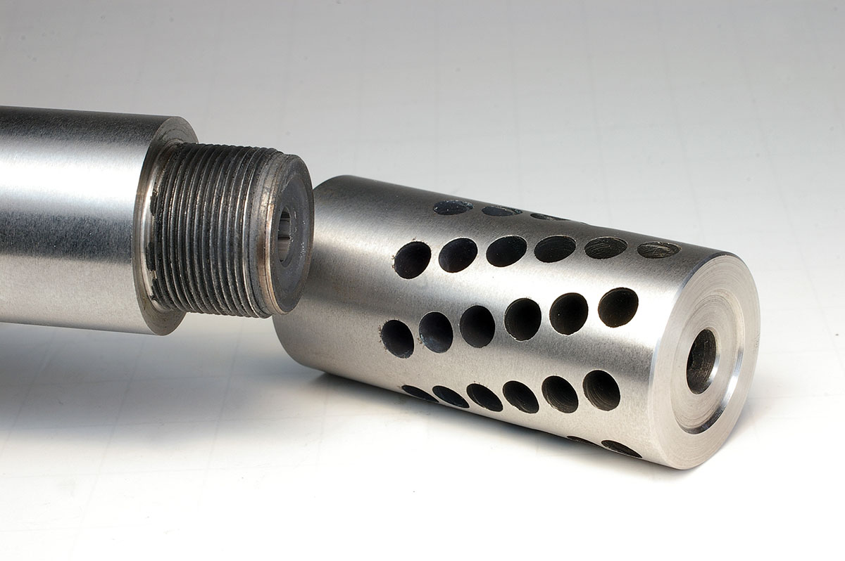 The AR-X’s muzzle brake easily threads on and off.